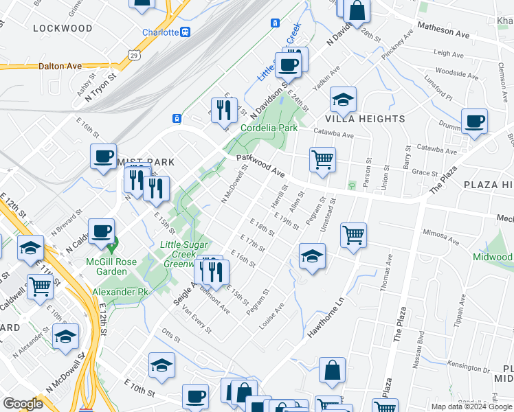 map of restaurants, bars, coffee shops, grocery stores, and more near 1520 Seigle Avenue in Charlotte