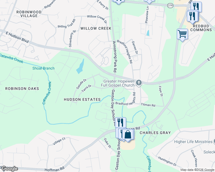 map of restaurants, bars, coffee shops, grocery stores, and more near 2263 Cordoba Street in Gastonia