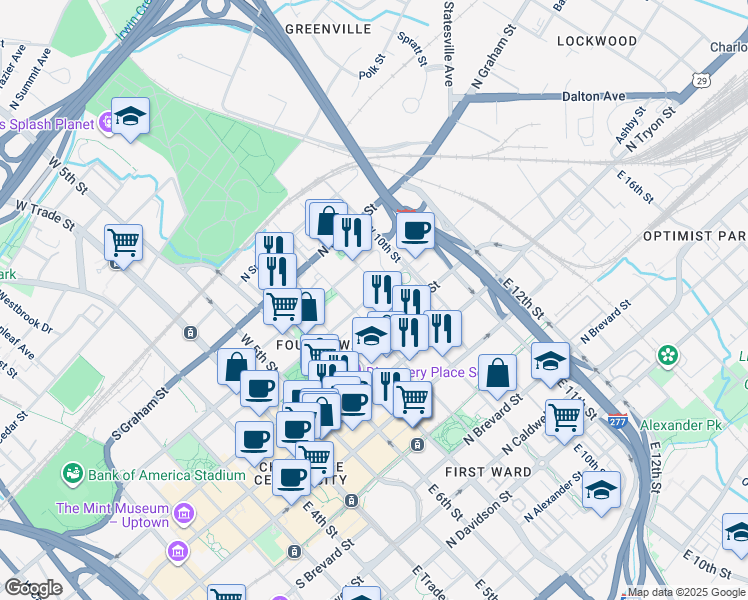 map of restaurants, bars, coffee shops, grocery stores, and more near 515 North Church Street in Charlotte