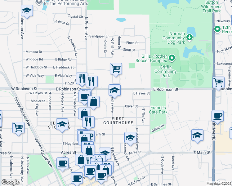 map of restaurants, bars, coffee shops, grocery stores, and more near 821 North Findlay Avenue in Norman