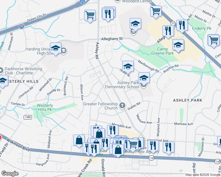 map of restaurants, bars, coffee shops, grocery stores, and more near 2314 Ashley Road in Charlotte