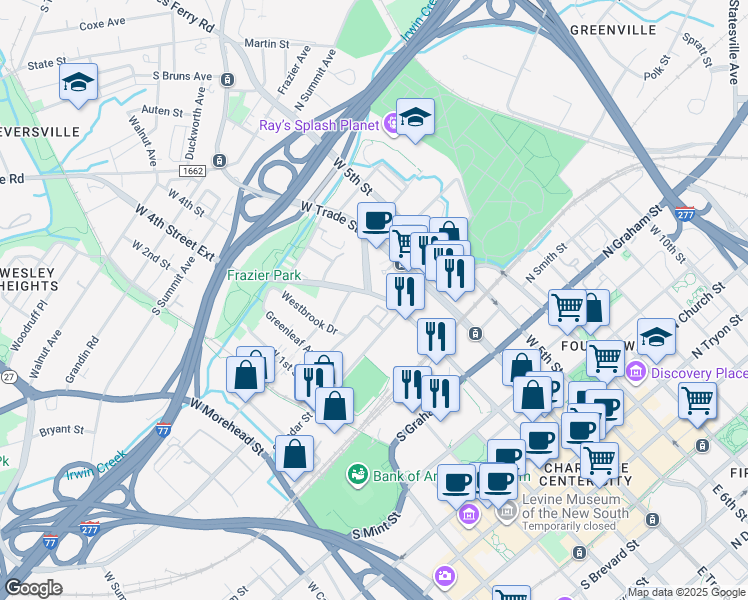 map of restaurants, bars, coffee shops, grocery stores, and more near 813 West 4th Street in Charlotte