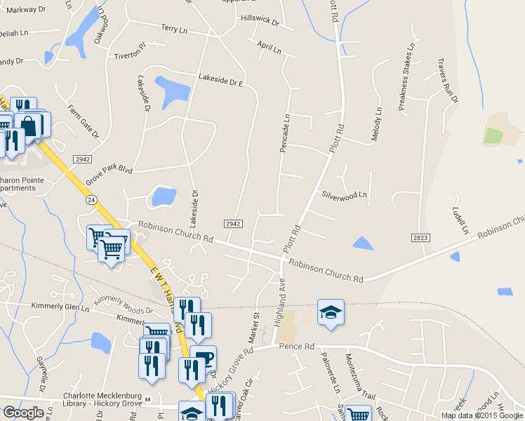 map of restaurants, bars, coffee shops, grocery stores, and more near 6509 Holly Oak Lane in Charlotte