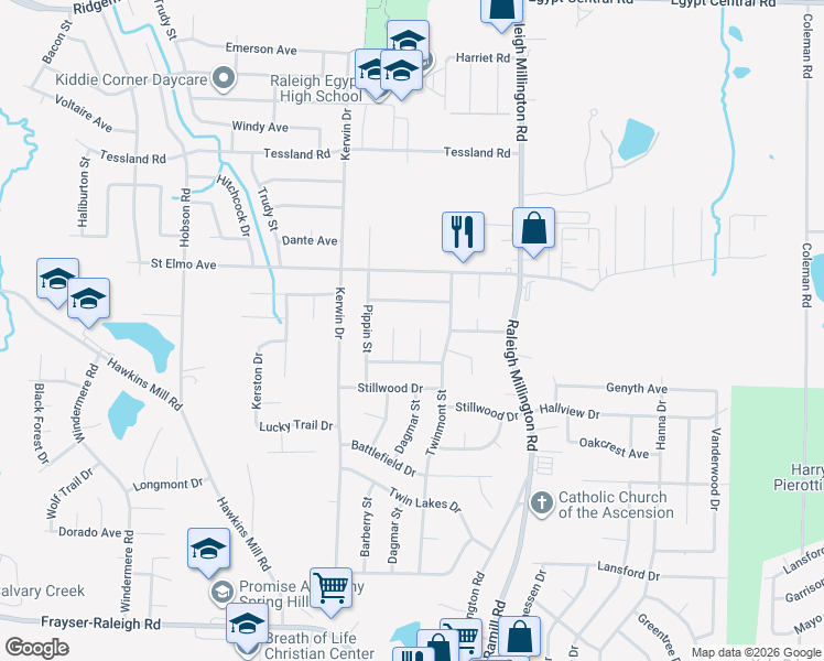 map of restaurants, bars, coffee shops, grocery stores, and more near 3898 Bowmar Cove in Memphis
