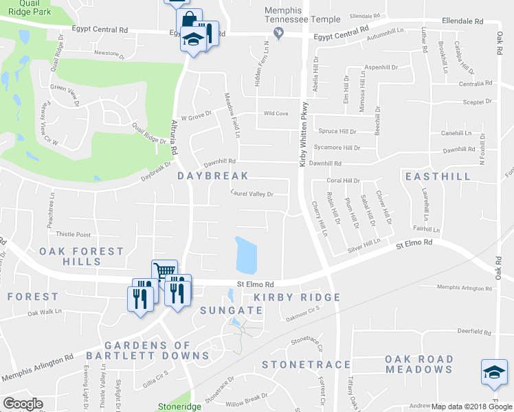 map of restaurants, bars, coffee shops, grocery stores, and more near 6672 Booth Forrest Cove in Bartlett