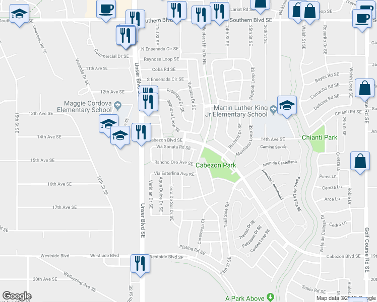 map of restaurants, bars, coffee shops, grocery stores, and more near 2204 Via Sonata Road Southeast in Rio Rancho