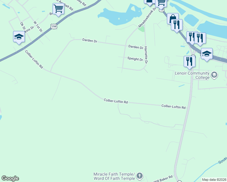 map of restaurants, bars, coffee shops, grocery stores, and more near 570 Collier-Loftin Road in Kinston