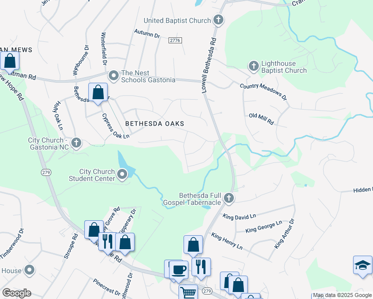 map of restaurants, bars, coffee shops, grocery stores, and more near 3406 Southern Red Oak Lane in Gastonia