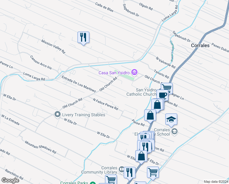 map of restaurants, bars, coffee shops, grocery stores, and more near Pueblito Road in Corrales