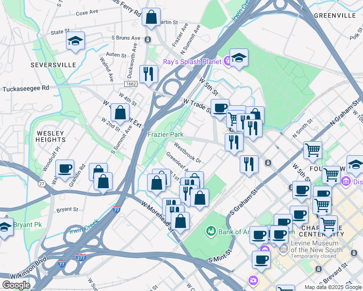 map of restaurants, bars, coffee shops, grocery stores, and more near 1104 Greenleaf Avenue in Charlotte