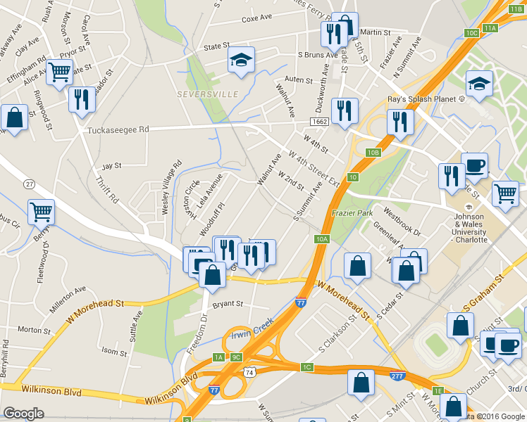 map of restaurants, bars, coffee shops, grocery stores, and more near 516 Grandin Road in Charlotte