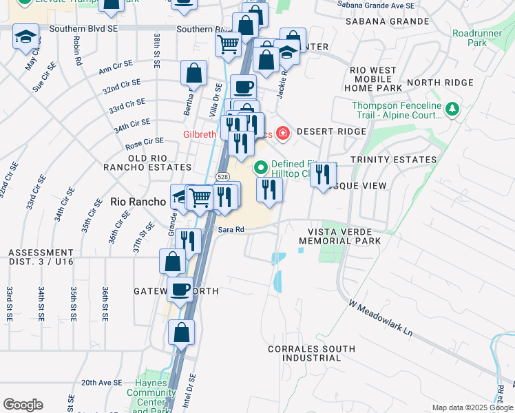 map of restaurants, bars, coffee shops, grocery stores, and more near 1640 Rio Rancho Drive Southeast in Rio Rancho