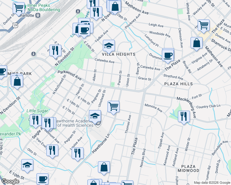 map of restaurants, bars, coffee shops, grocery stores, and more near 1717 Parson Street in Charlotte