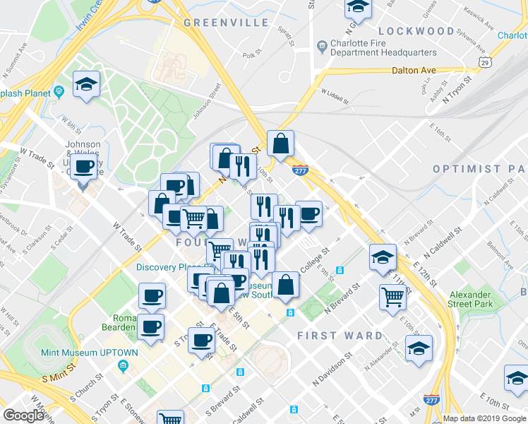 map of restaurants, bars, coffee shops, grocery stores, and more near in Charlotte