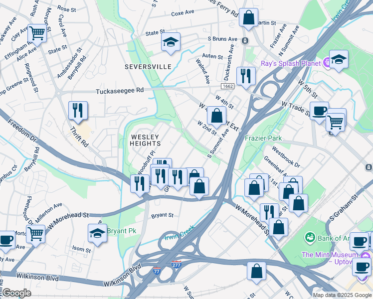 map of restaurants, bars, coffee shops, grocery stores, and more near 604 Grandin Road in Charlotte