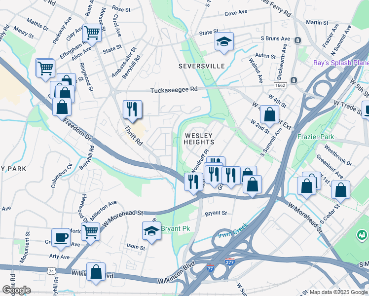 map of restaurants, bars, coffee shops, grocery stores, and more near 1941 Lela Avenue in Charlotte