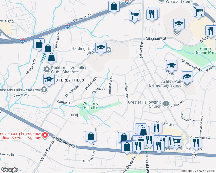 map of restaurants, bars, coffee shops, grocery stores, and more near 3913 Paisley Place in Charlotte