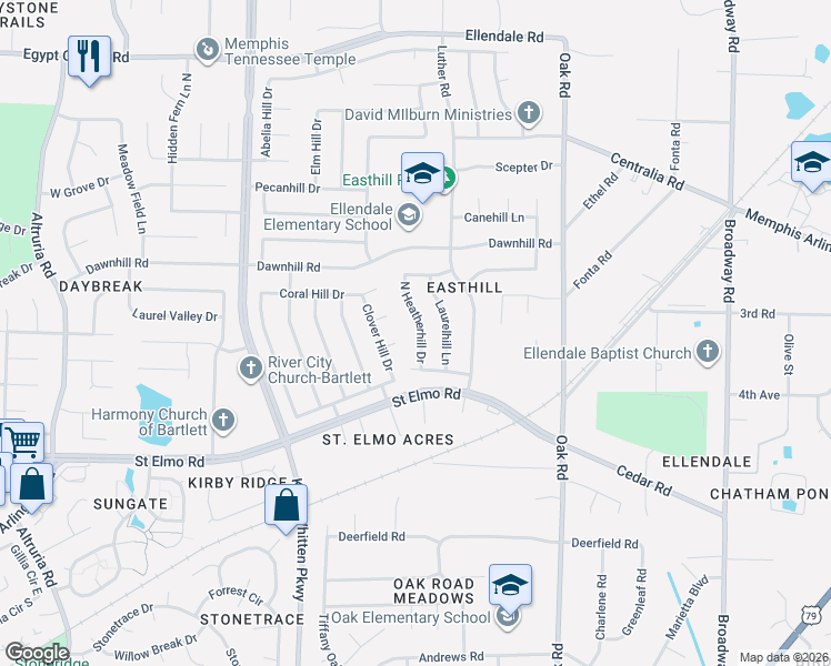 map of restaurants, bars, coffee shops, grocery stores, and more near 6929 Areka Hill Cove in Bartlett