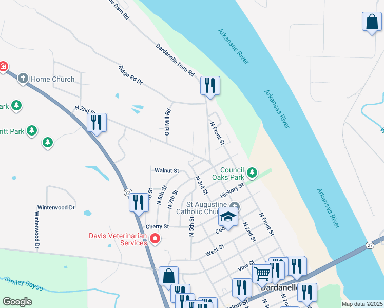 map of restaurants, bars, coffee shops, grocery stores, and more near 1607 North 2nd Street in Dardanelle