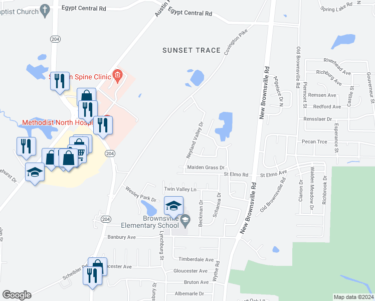 map of restaurants, bars, coffee shops, grocery stores, and more near 3907 Neyland Valley Drive in Memphis