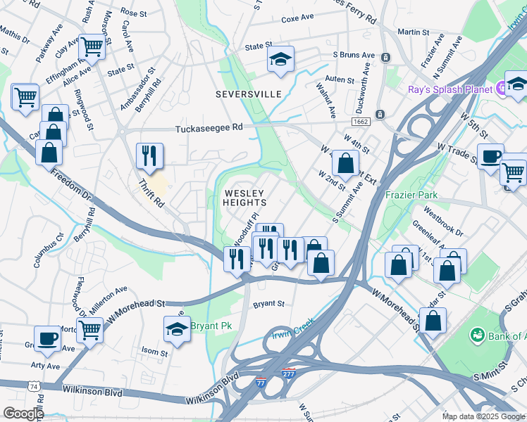map of restaurants, bars, coffee shops, grocery stores, and more near 709 Woodruff Place in Charlotte