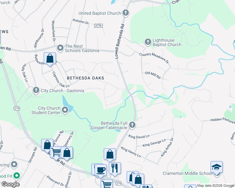 map of restaurants, bars, coffee shops, grocery stores, and more near 2285 Lowell Bethesda Road in Gastonia