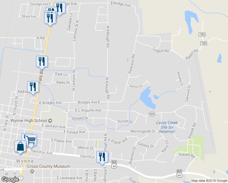 map of restaurants, bars, coffee shops, grocery stores, and more near 1205 Blake Street in Wynne