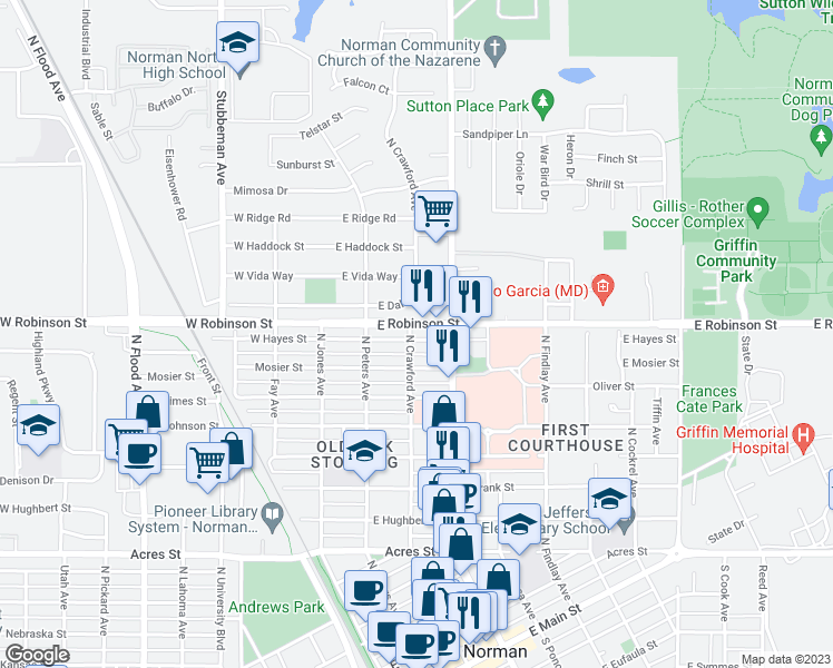 map of restaurants, bars, coffee shops, grocery stores, and more near 1201 North Crawford Avenue in Norman