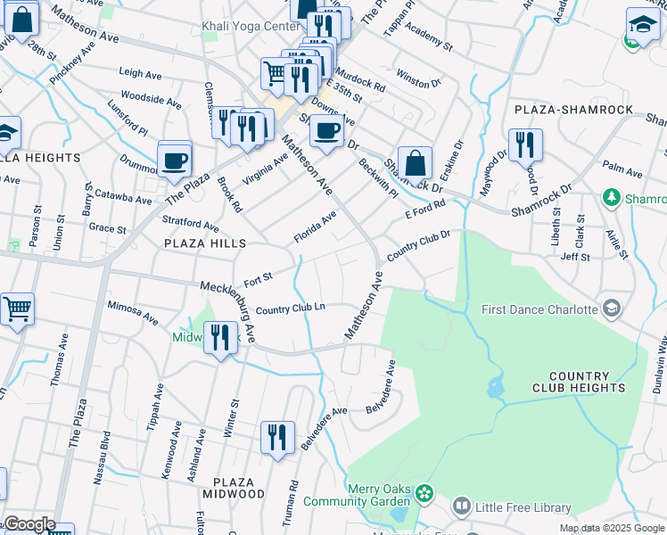 map of restaurants, bars, coffee shops, grocery stores, and more near 1700 North Brevard Street in Charlotte