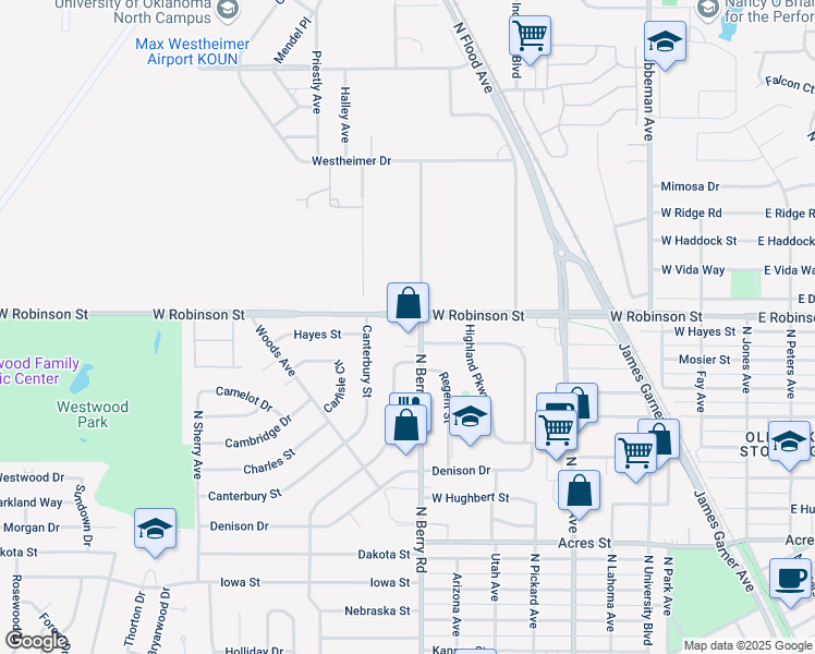map of restaurants, bars, coffee shops, grocery stores, and more near 1118 North Berry Road in Norman
