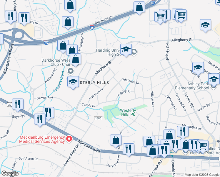 map of restaurants, bars, coffee shops, grocery stores, and more near 4038 Whitehall Drive in Charlotte