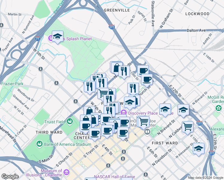 map of restaurants, bars, coffee shops, grocery stores, and more near 417 West 8th Street in Charlotte