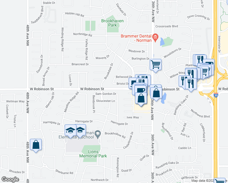 map of restaurants, bars, coffee shops, grocery stores, and more near 4007 Sam Gordon Drive in Norman