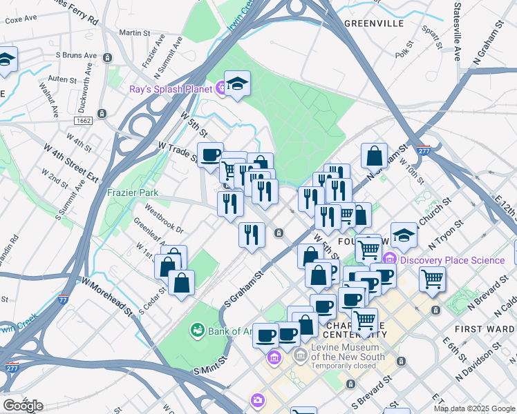 map of restaurants, bars, coffee shops, grocery stores, and more near 710 West Trade Street in Charlotte