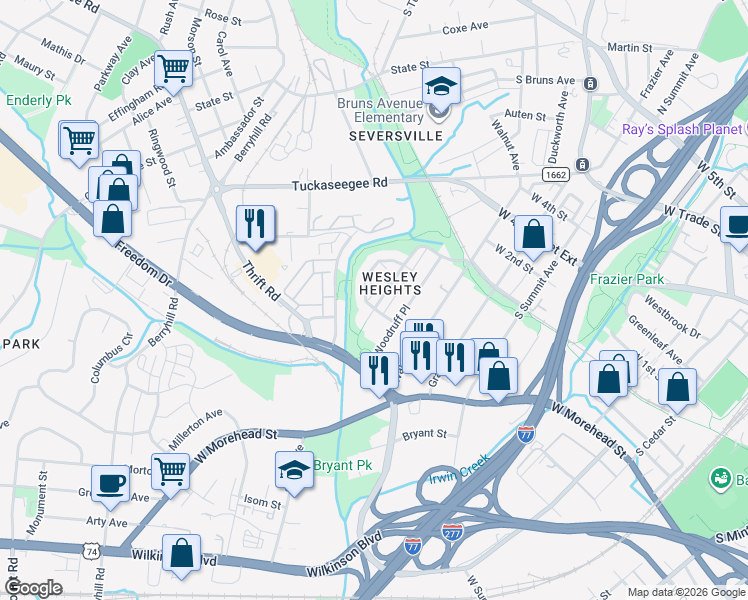 map of restaurants, bars, coffee shops, grocery stores, and more near 1941 Lela Avenue in Charlotte