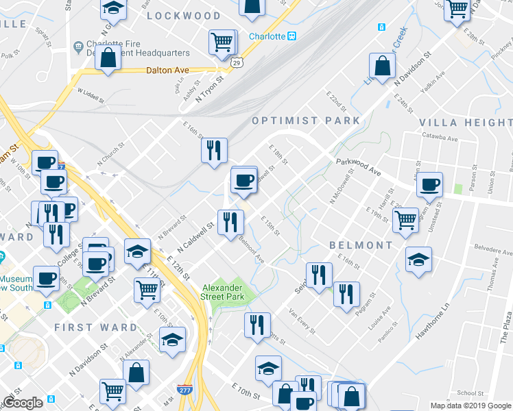 map of restaurants, bars, coffee shops, grocery stores, and more near 1200 North Davidson Street in Charlotte