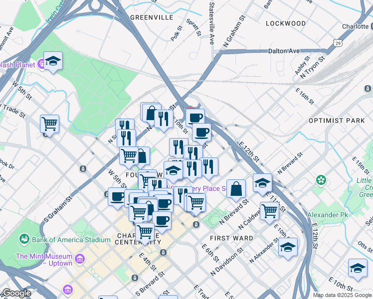 map of restaurants, bars, coffee shops, grocery stores, and more near 515 North Church Street in Charlotte