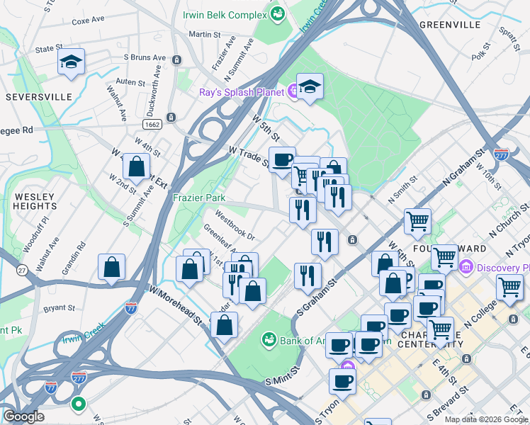 map of restaurants, bars, coffee shops, grocery stores, and more near in Charlotte