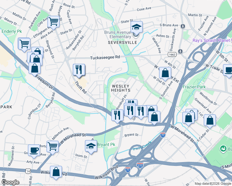 map of restaurants, bars, coffee shops, grocery stores, and more near 1941 Lela Avenue in Charlotte