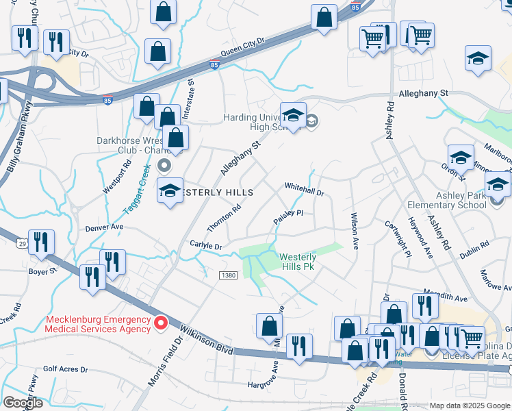 map of restaurants, bars, coffee shops, grocery stores, and more near 4045 Whitehall Drive in Charlotte
