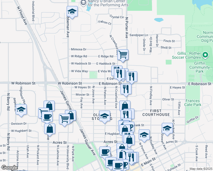 map of restaurants, bars, coffee shops, grocery stores, and more near 1217 North Peters Avenue in Norman