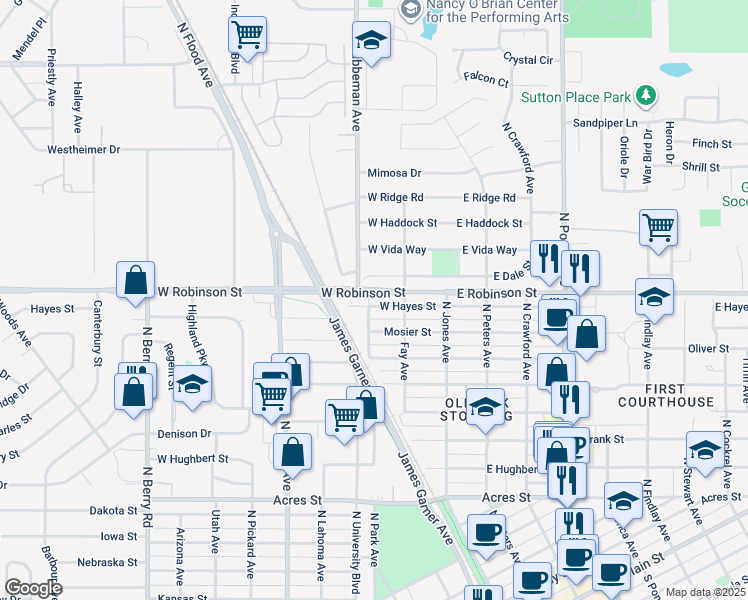 map of restaurants, bars, coffee shops, grocery stores, and more near 230 West Hayes Street in Norman