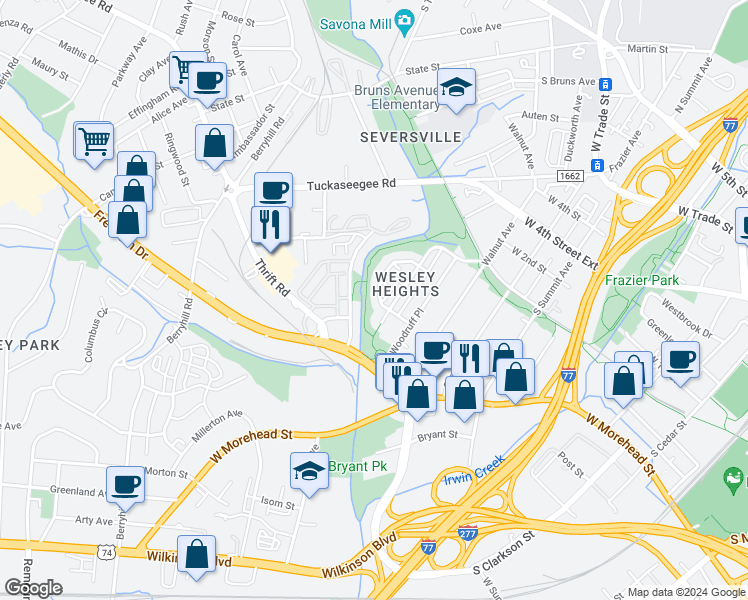 map of restaurants, bars, coffee shops, grocery stores, and more near 229 Hurston Circle in Charlotte
