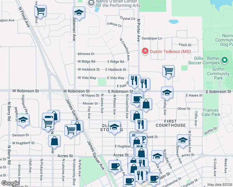 map of restaurants, bars, coffee shops, grocery stores, and more near 1217 North Peters Avenue in Norman