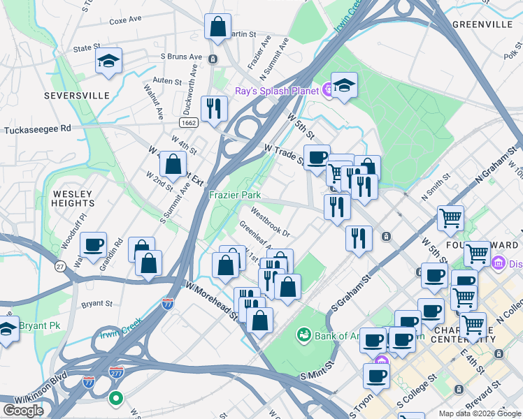map of restaurants, bars, coffee shops, grocery stores, and more near in Charlotte