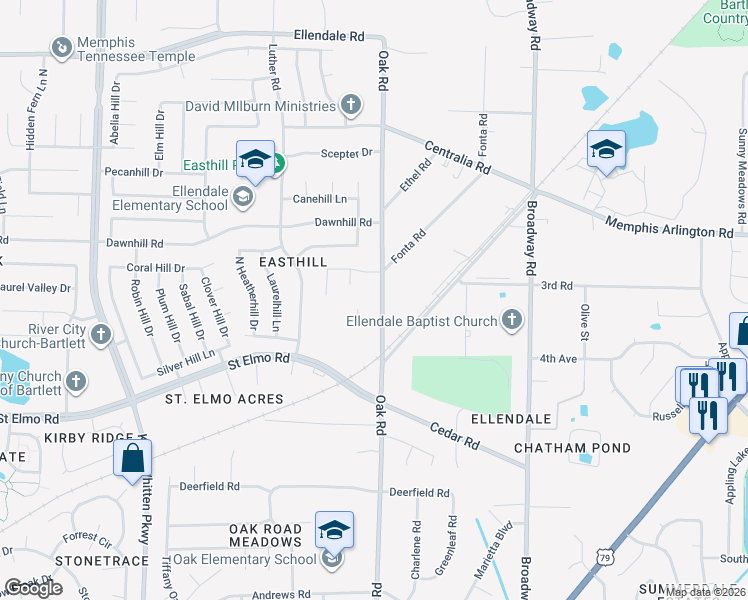 map of restaurants, bars, coffee shops, grocery stores, and more near 3883 Oak Road in Memphis