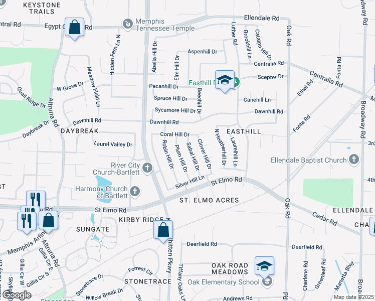 map of restaurants, bars, coffee shops, grocery stores, and more near 3917 Sabal Hill Drive in Bartlett