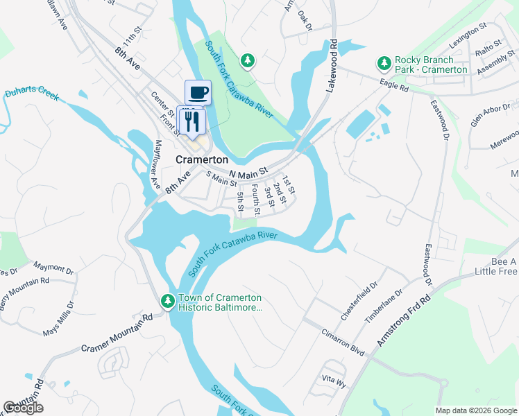 map of restaurants, bars, coffee shops, grocery stores, and more near 75 Riverside Drive in Cramerton