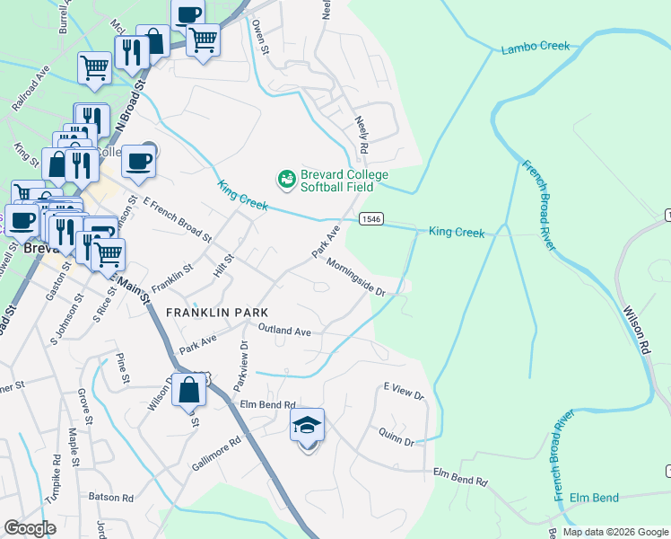 map of restaurants, bars, coffee shops, grocery stores, and more near 78 Morningside Drive in Brevard