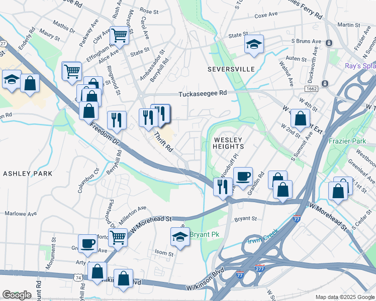 map of restaurants, bars, coffee shops, grocery stores, and more near 2010 Water Walk Lane in Charlotte